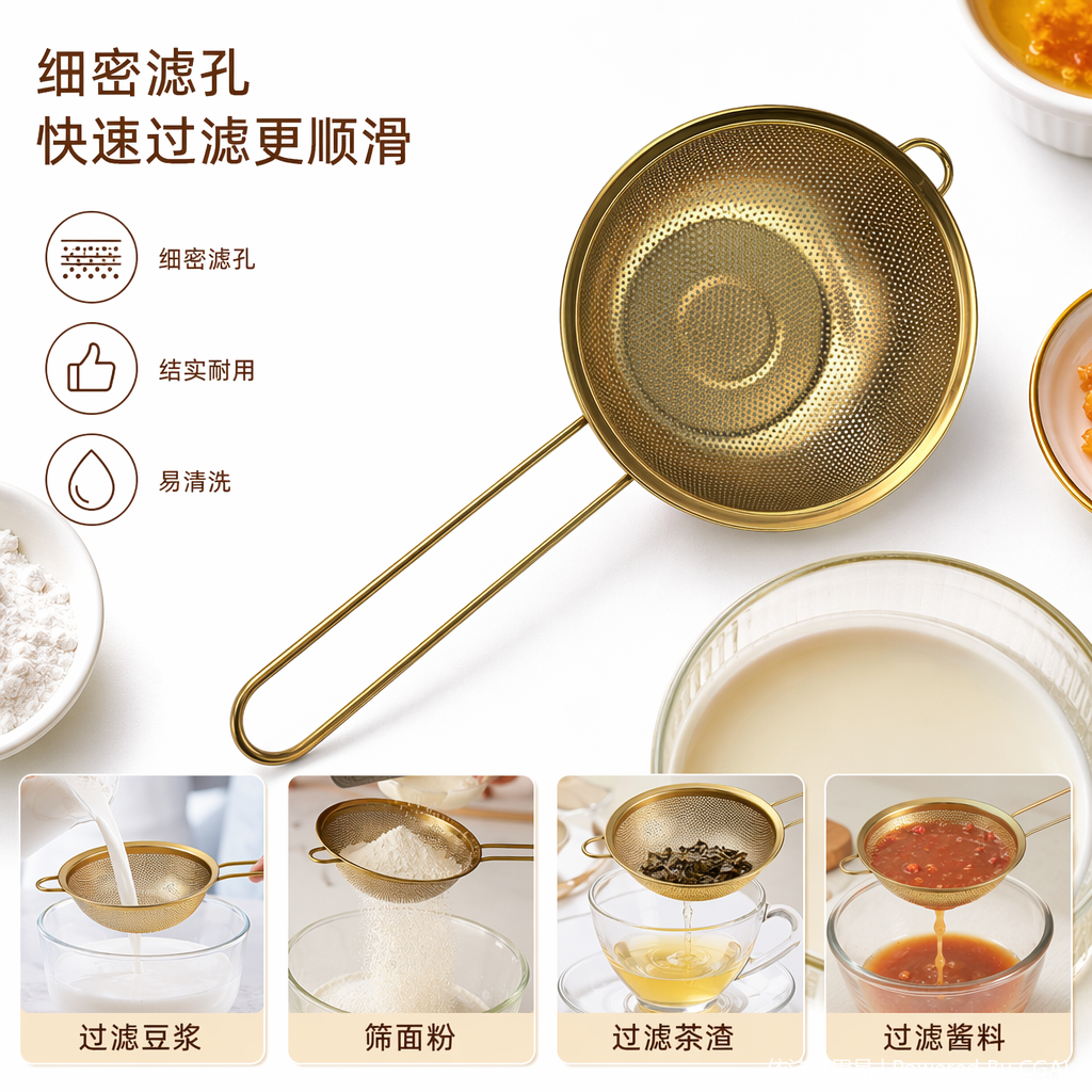 Golden fine filter screen, quick and smooth filtration! Filter soy milk, sieve flour, filter tea residue, and rinse sauces. Sturdy, durable and easy to clean, a must-have kitchen tool!