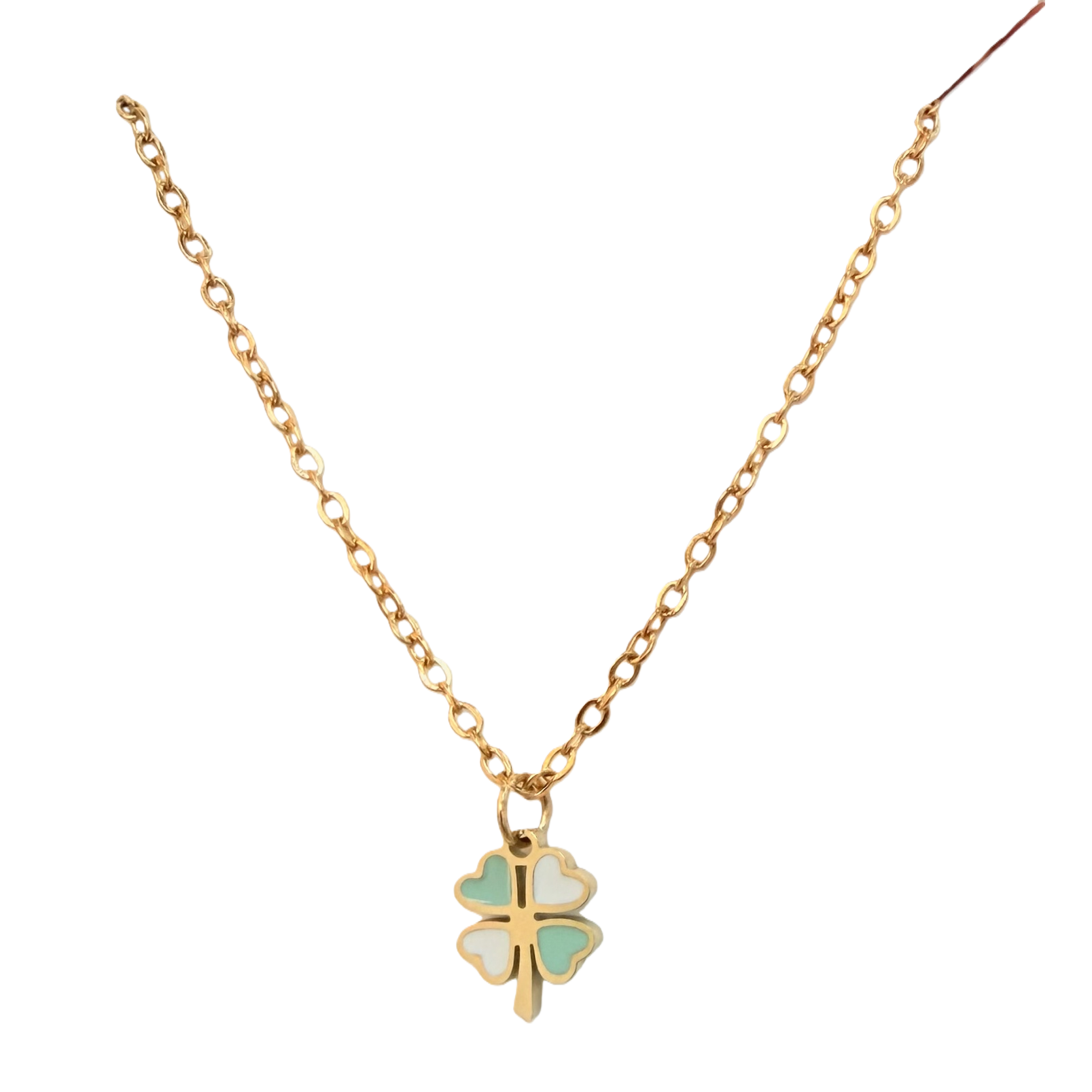Contrasting mint green four-leaf clover oil-dripping pendant, stainless steel, fresh light color, niche daily commuting, gentle forest style, girlish collarbone neck accessory Item Picture