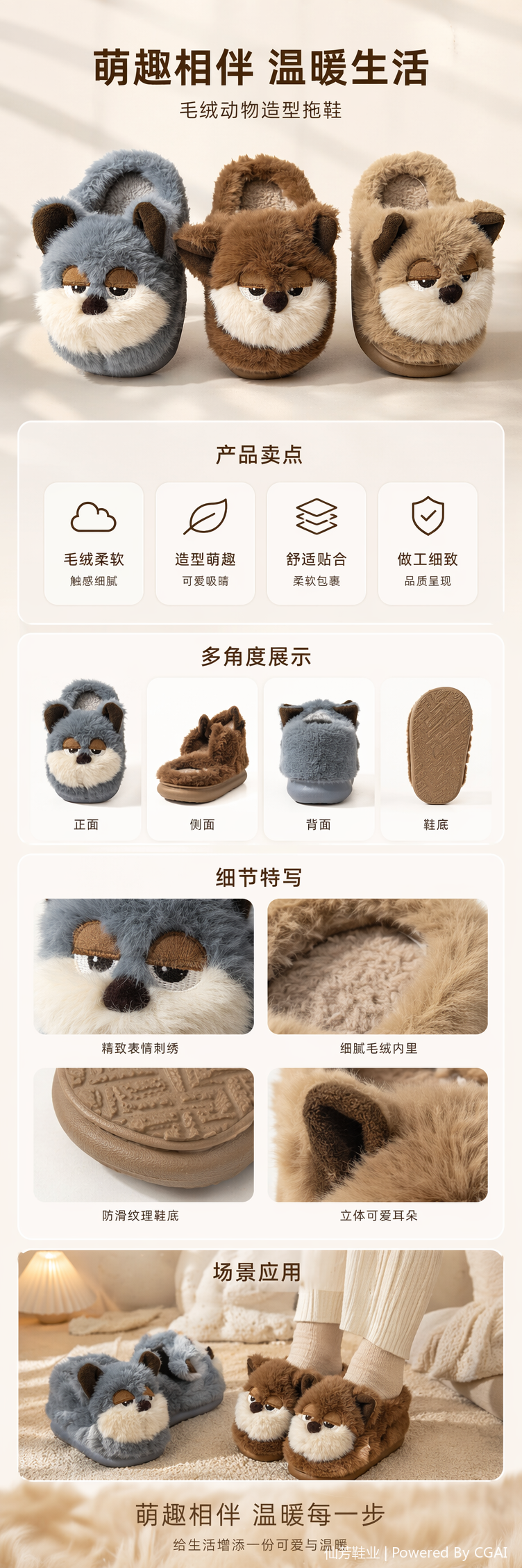 卡通动物宝宝毛毛包头秋冬耐磨家居可爱卡通棉拖鞋详情5