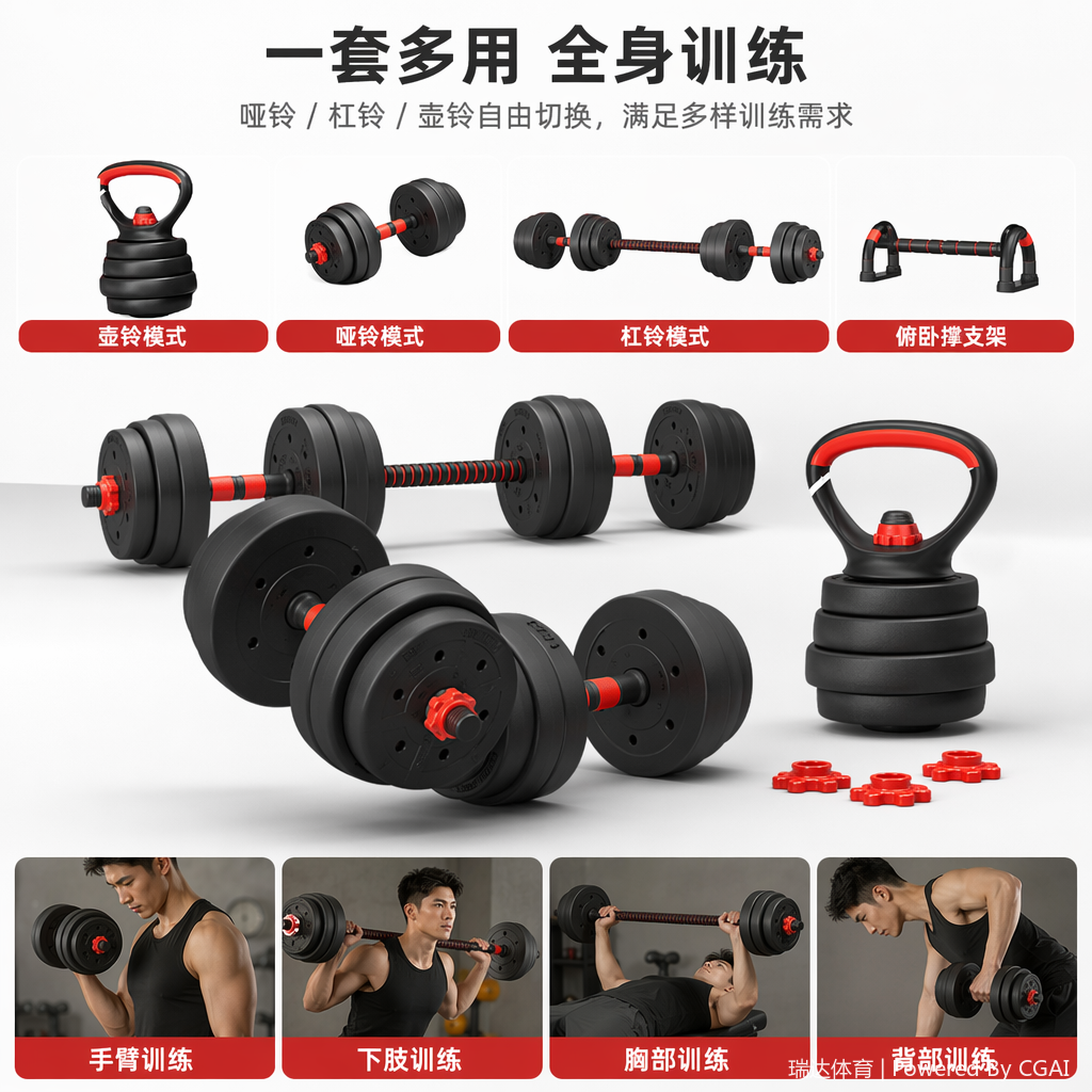 黑色哑铃杠铃壶铃套装含哑铃杆子握力器