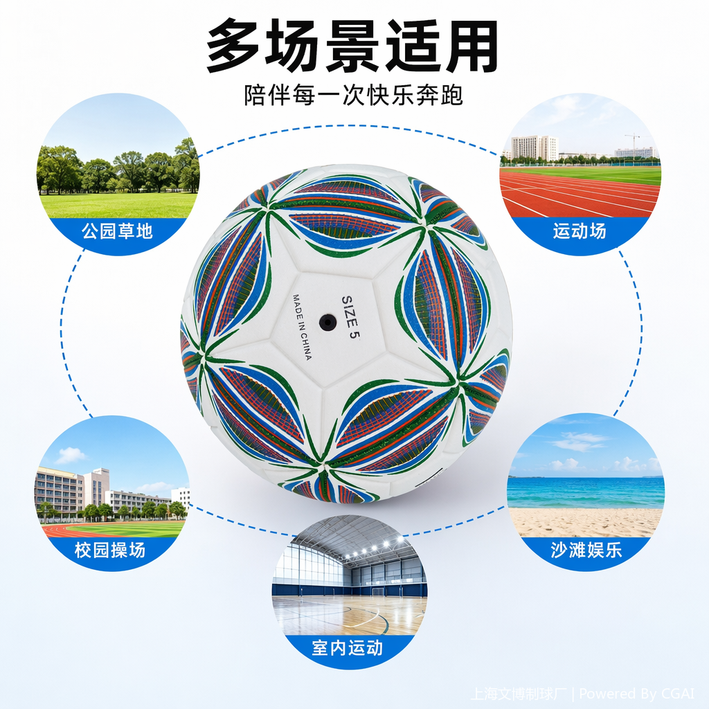 上海文博制球厂白色排球带蓝绿橙花纹足球