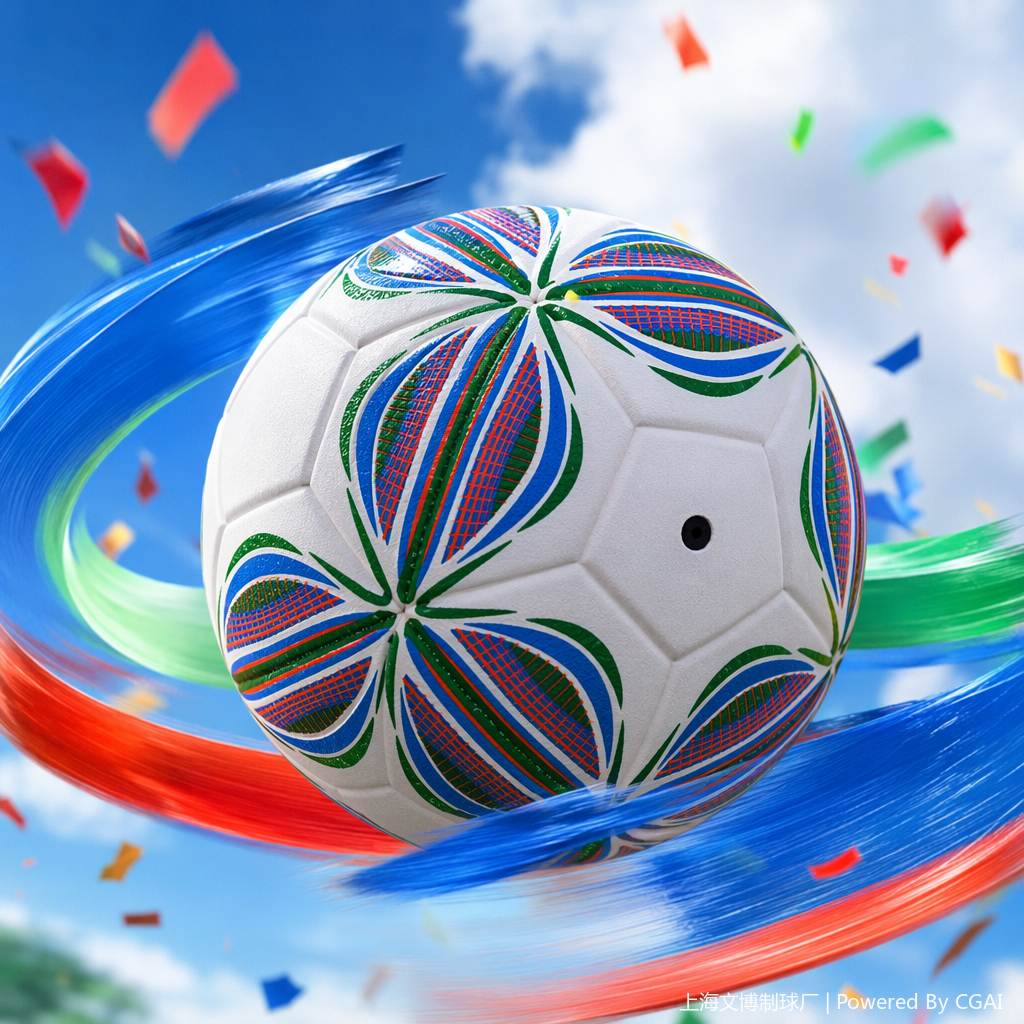 Shanghai Wenbo Ball Factory's white volleyball with blue, green and orange patterned footballs Specification image
