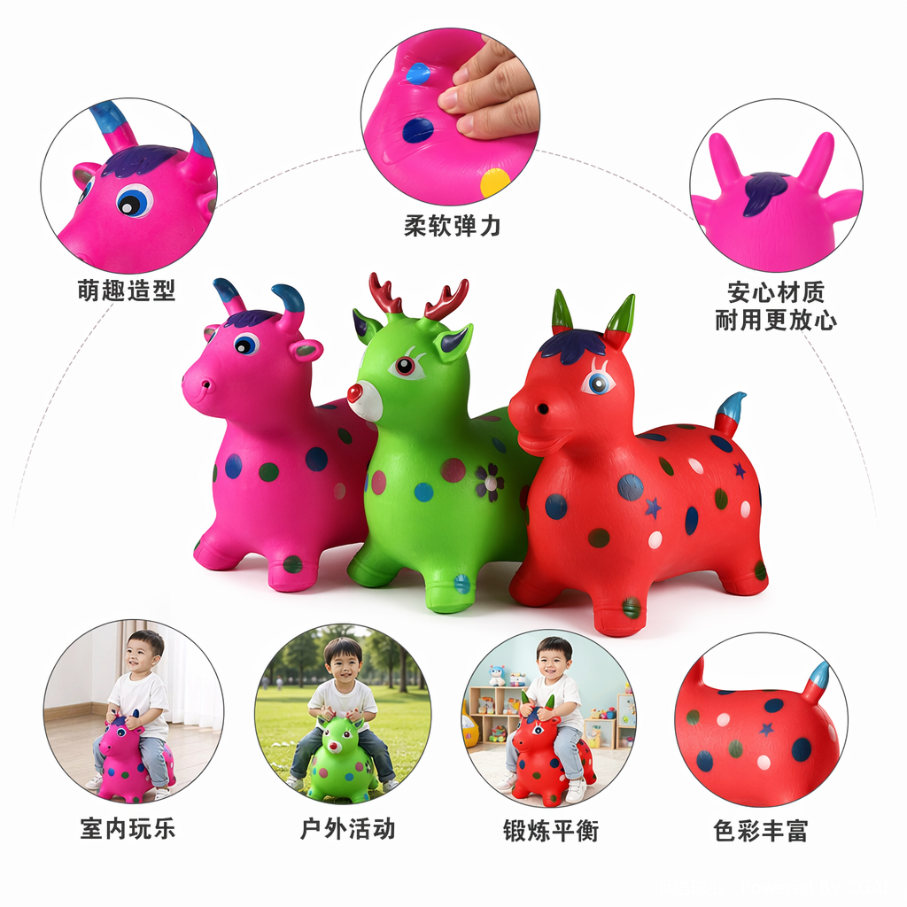 卡通跳跳动物不同色小马充气玩具