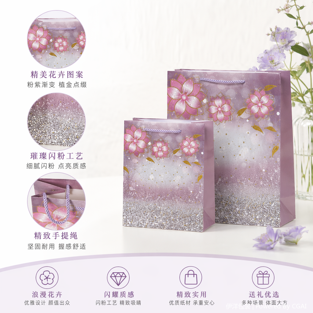 紫色花卉礼品袋手提外卖袋纸制礼盒节日礼品包装纸跑步灯
