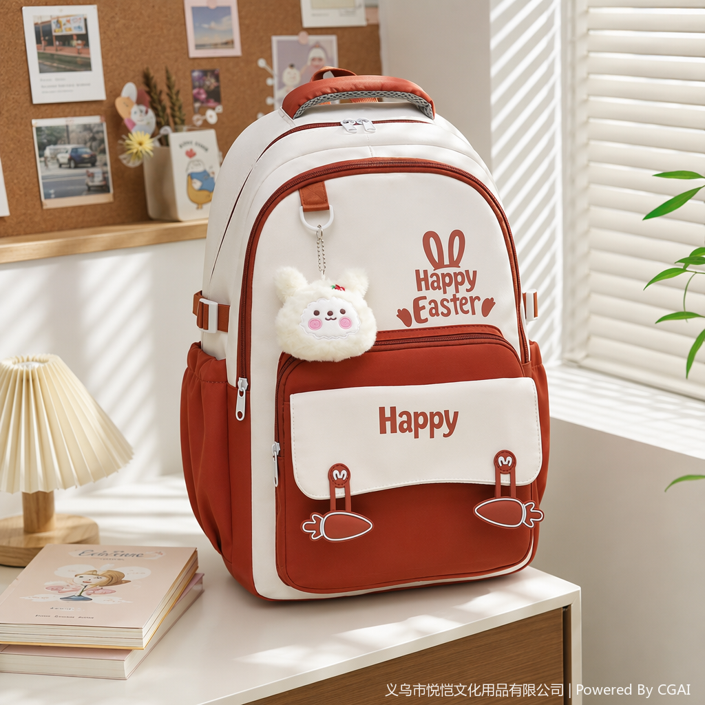 白色橙色拼接Happy Easter兔子胡萝卜玉桂狗库洛米学生双肩包带毛绒挂件可套拉杆箱书包