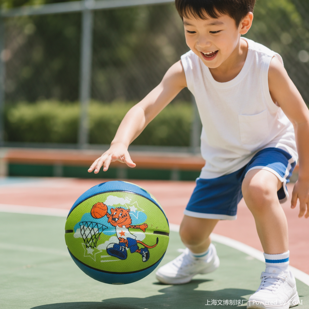 A basketball training ball with a green and orange tiger cartoon shooting pattern details Picture
