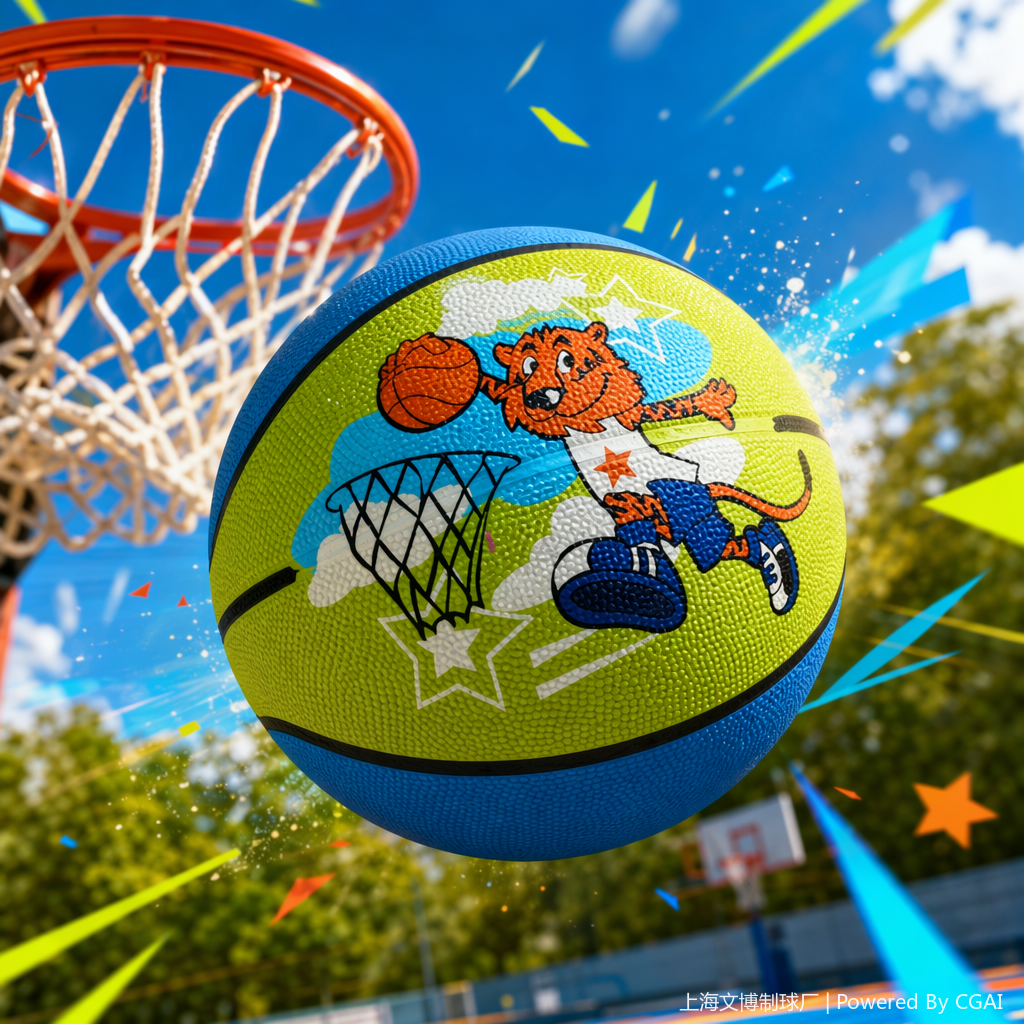 A basketball training ball with a green and orange tiger cartoon shooting pattern Specification image