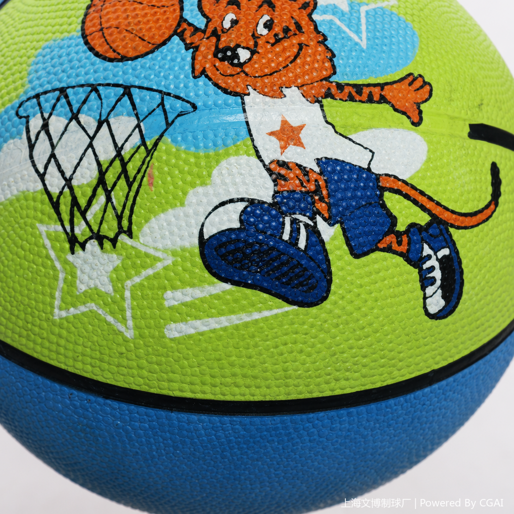 A basketball training ball with a green and orange tiger cartoon shooting pattern Application Scenario