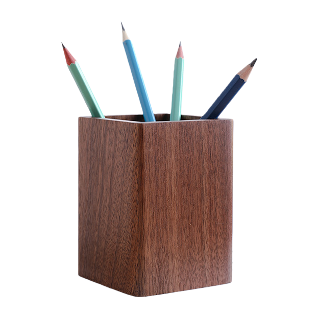 Four colored pencils are inserted into the dark brown wooden pen holder storage box as cartoon cultural and creative desktop stationery Item Picture