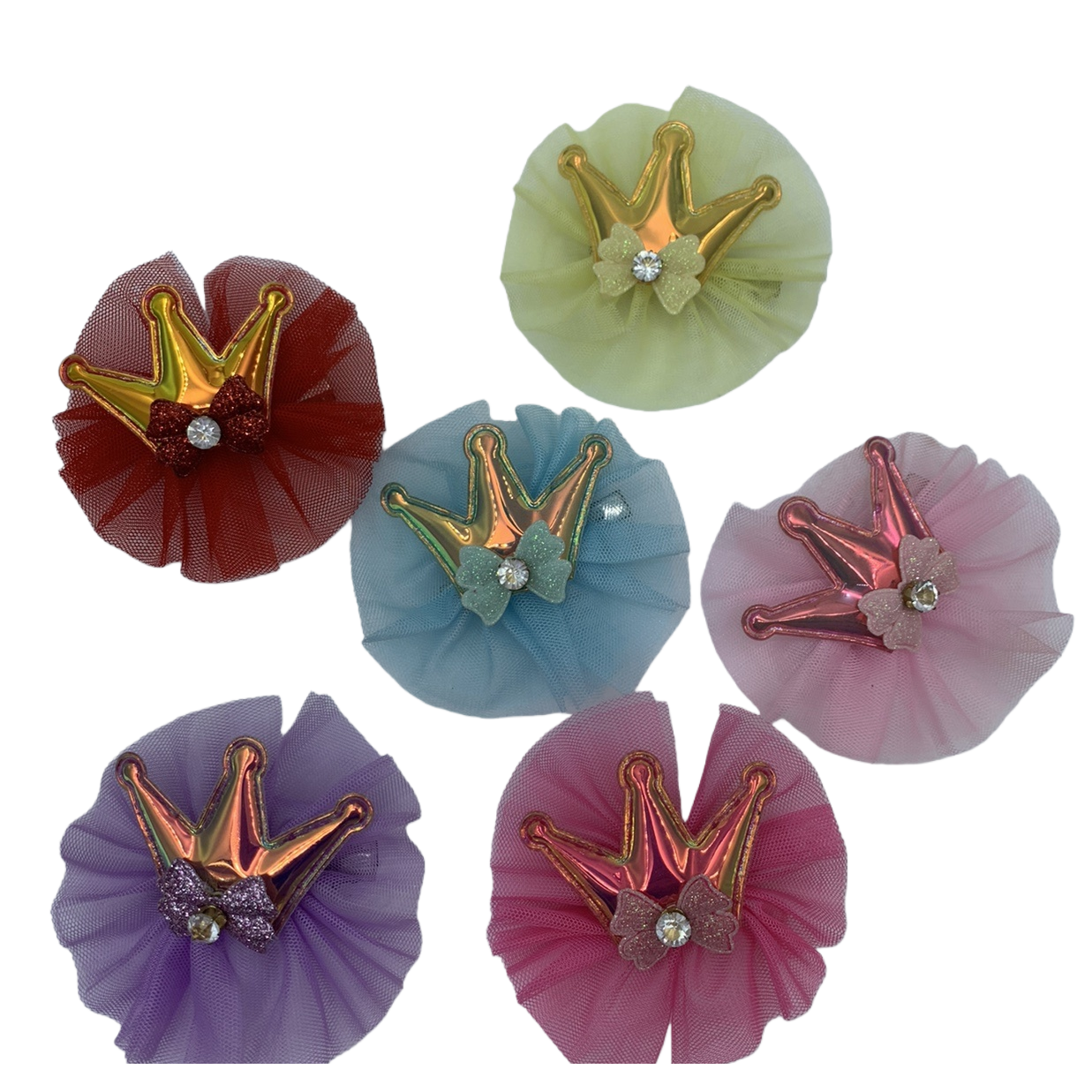 Colorful crown hair clips and hair ties, ladies' Korean-style patchwork silk scarves, hair bands in gold, pink, purple, red, blue, light green, metallic texture mesh, bow, rhinocones Item Picture