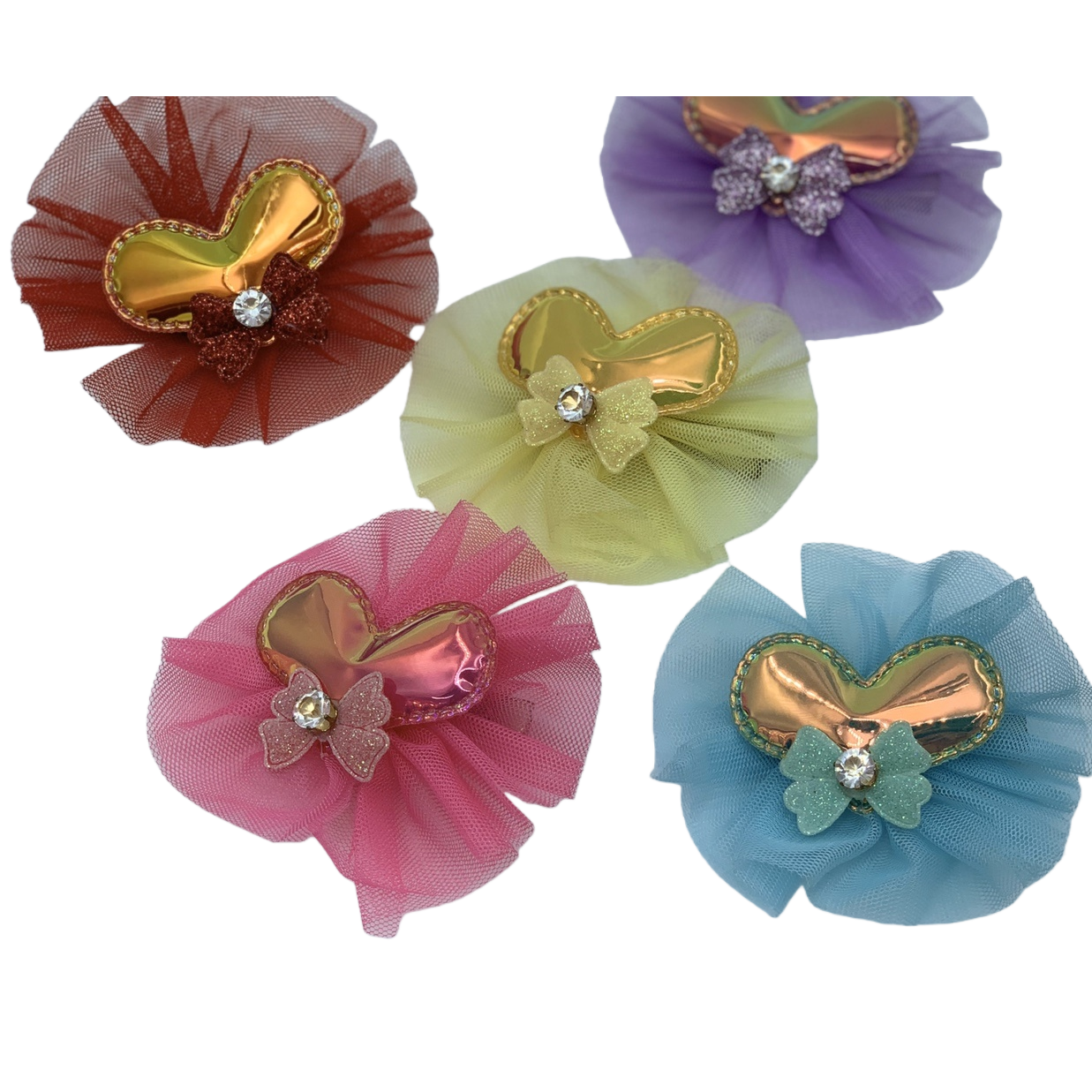 A golden heart-shaped metal hair clip with a mesh bow and large claw clip, a colorful hair accessory for women Item Picture