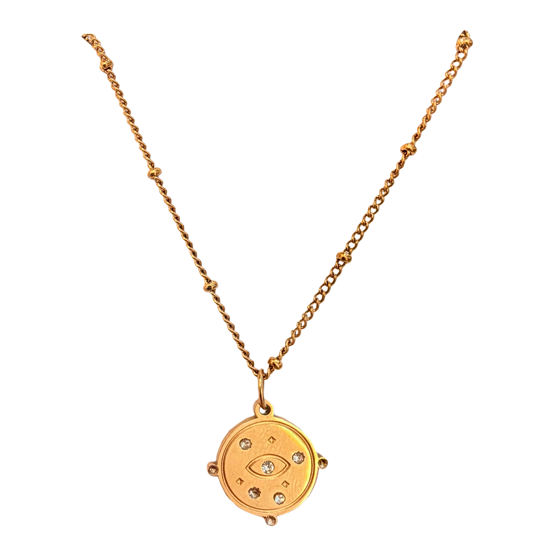 This multi-diamond embellished, all-seeing eye relief stainless steel necklace features a unique and mysterious style, a retro exotic look, and a unisex look. It's a versatile gift chain for collarbones Item Picture