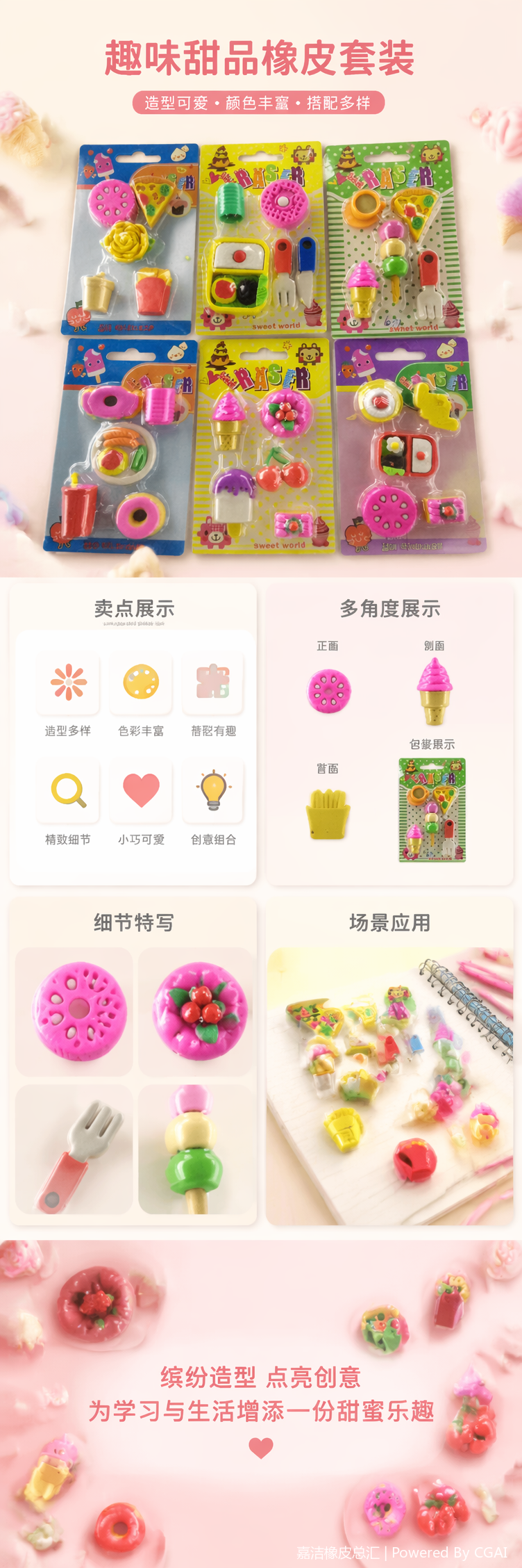 彩色卡通食物造型热摩擦橡皮擦套装文具橡皮详情5