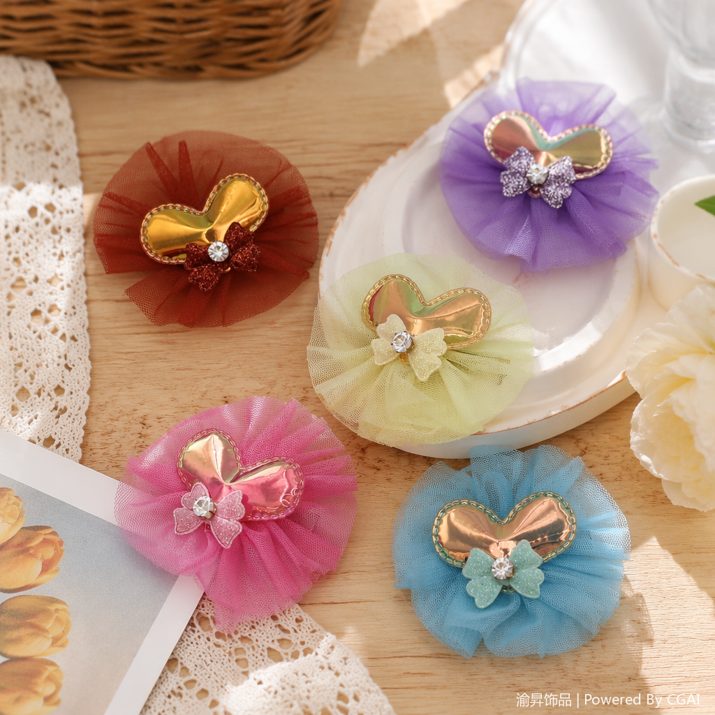 A golden heart-shaped metal hair clip with a mesh bow and large claw clip, a colorful hair accessory for women details Picture