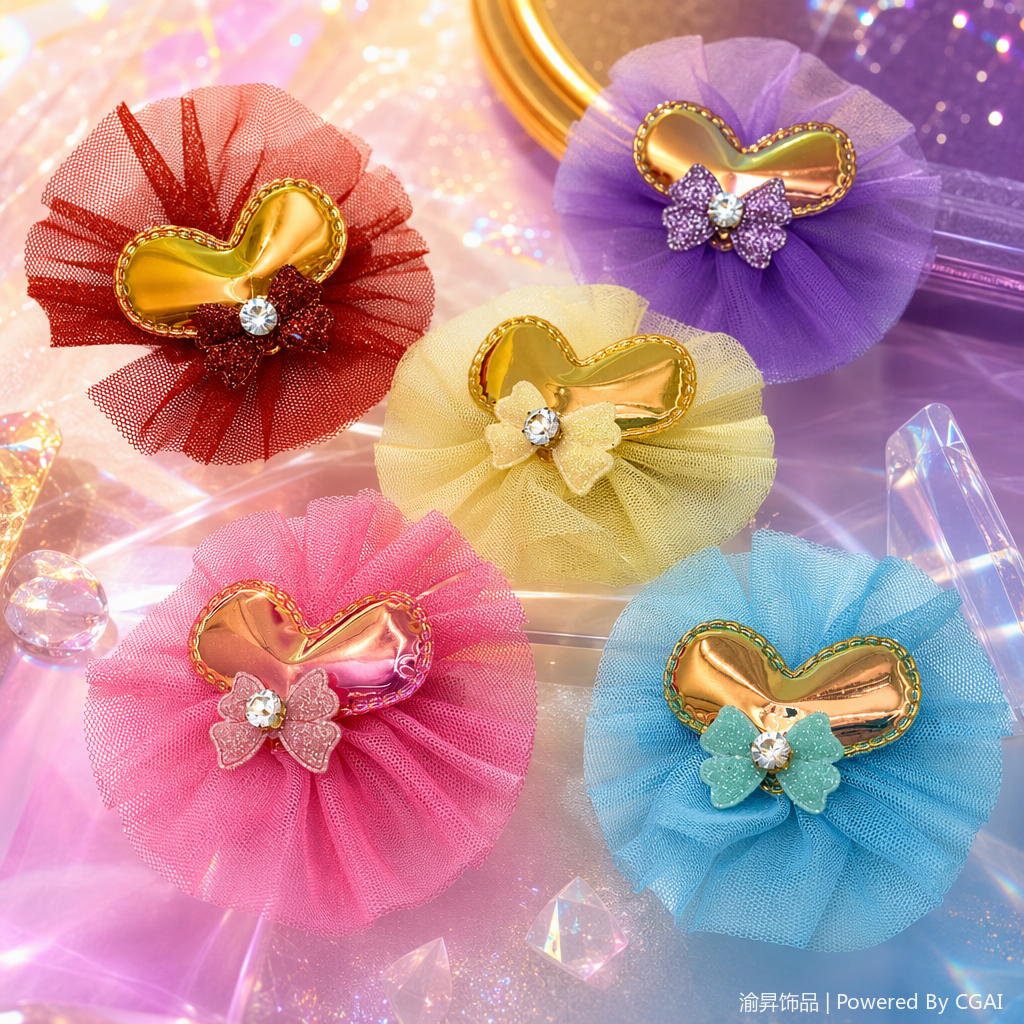 A golden heart-shaped metal hair clip with a mesh bow and large claw clip, a colorful hair accessory for women Specification image