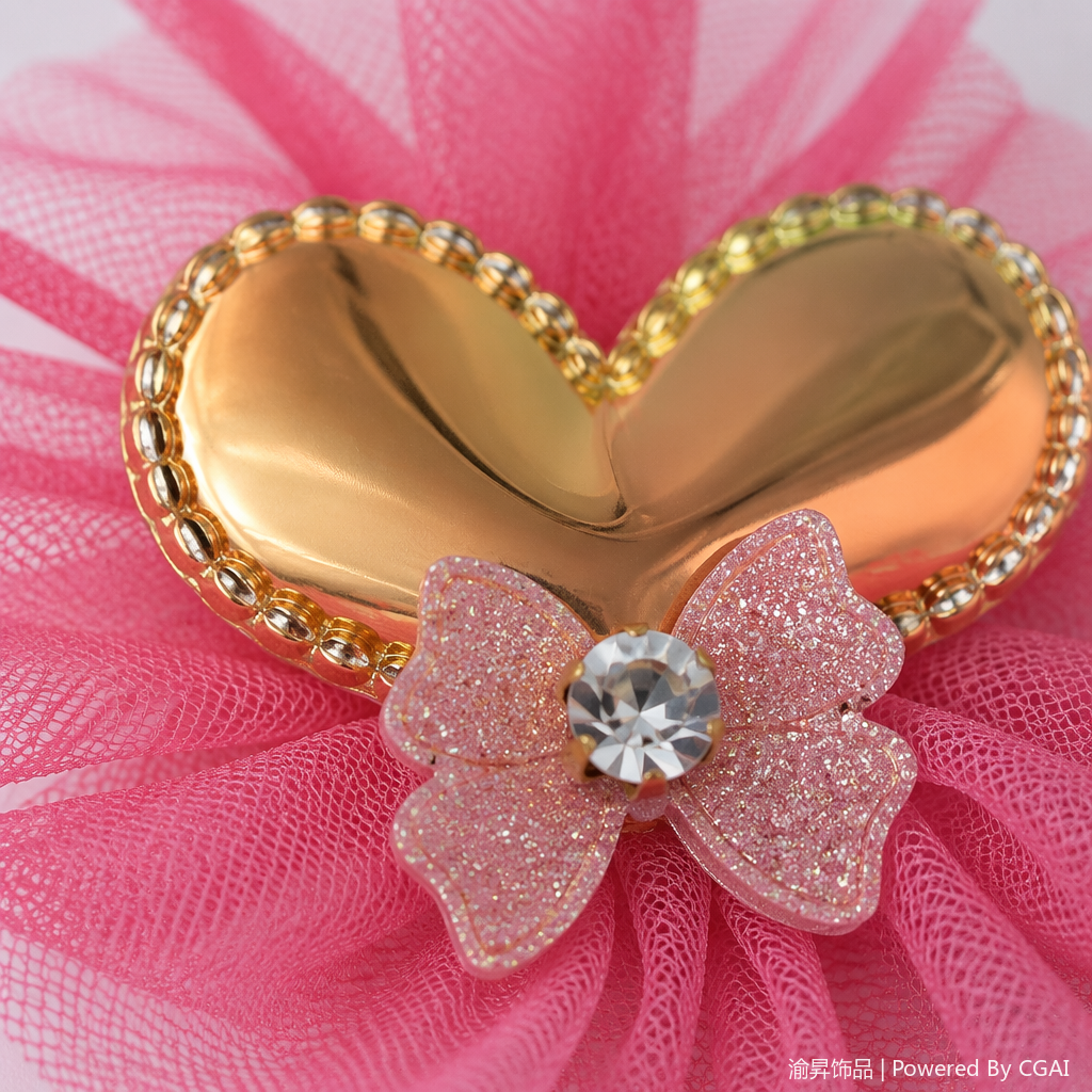 A golden heart-shaped metal hair clip with a mesh bow and large claw clip, a colorful hair accessory for women Application Scenario