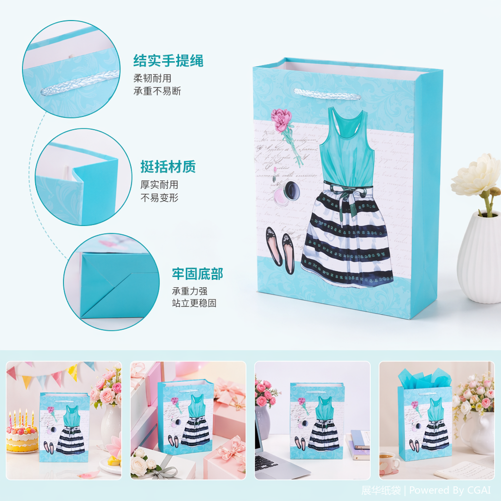 蓝色PE塑料手提袋印连衣裙高跟鞋玫瑰花图案礼品袋透明手提袋子