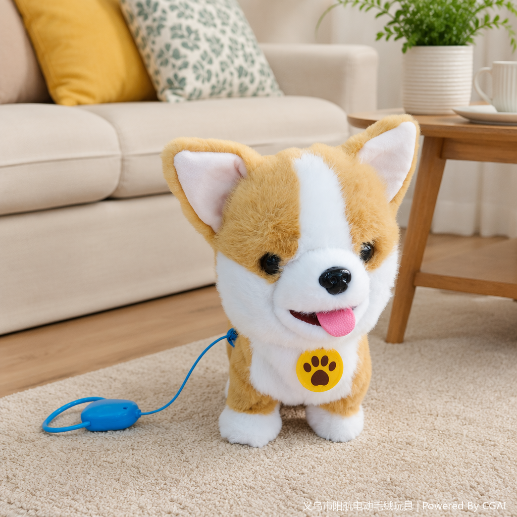A cute Nepalese brown and white Corgi simulation doll with a leash dog details Picture