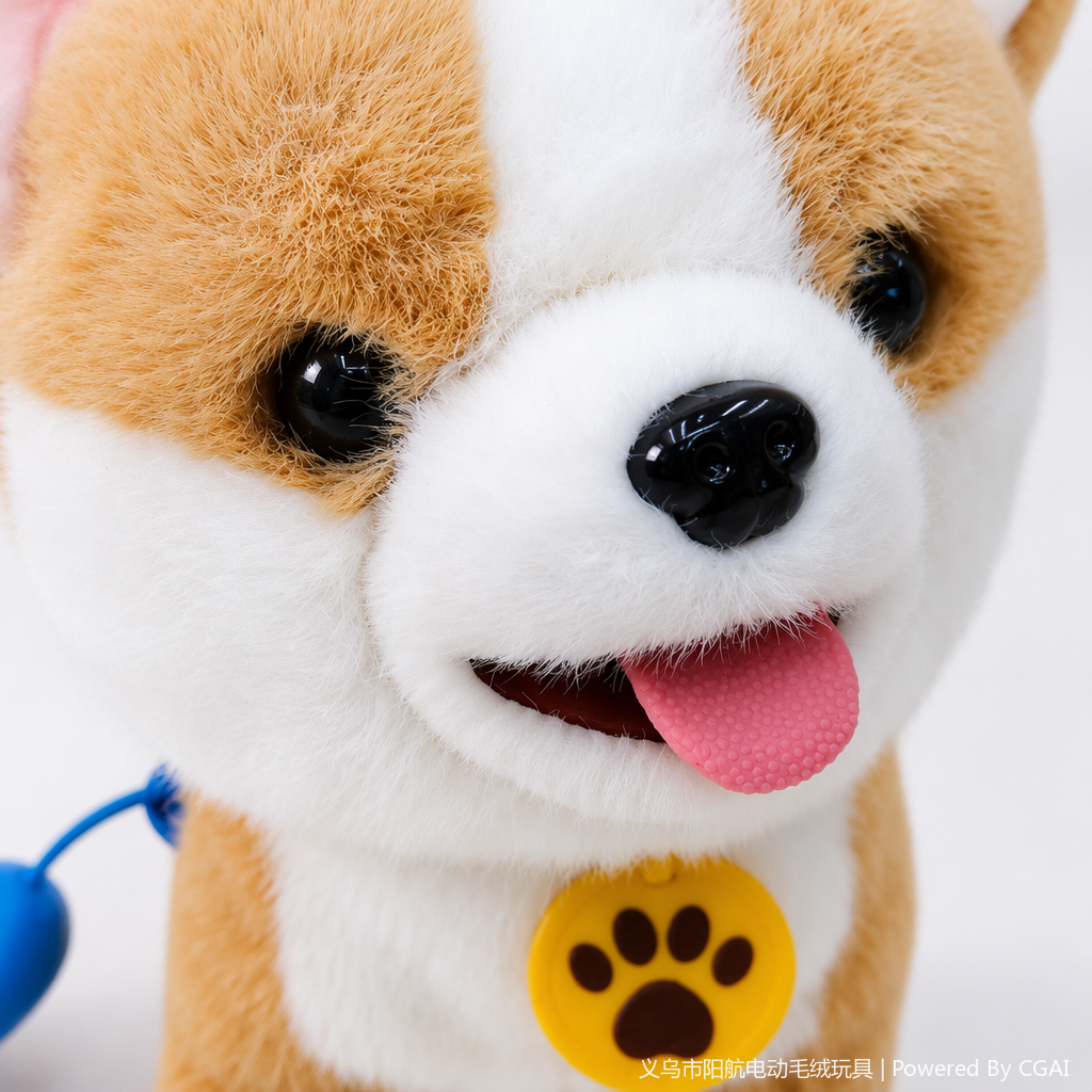 A cute Nepalese brown and white Corgi simulation doll with a leash dog Application Scenario
