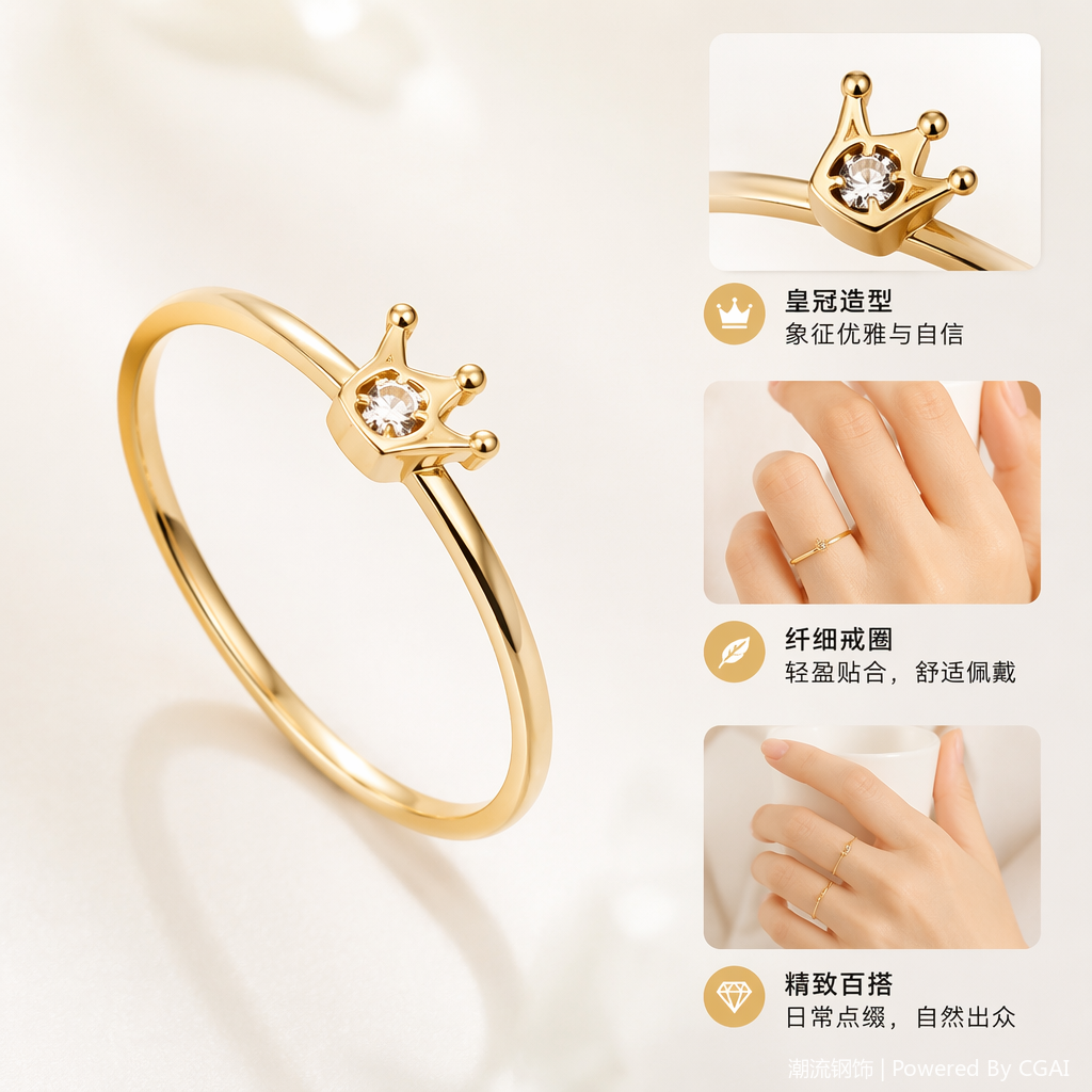 Golden crown stainless steel women's ring, natural stone animal ring Golden crown stainless steel women's ring, natural stone animal ring