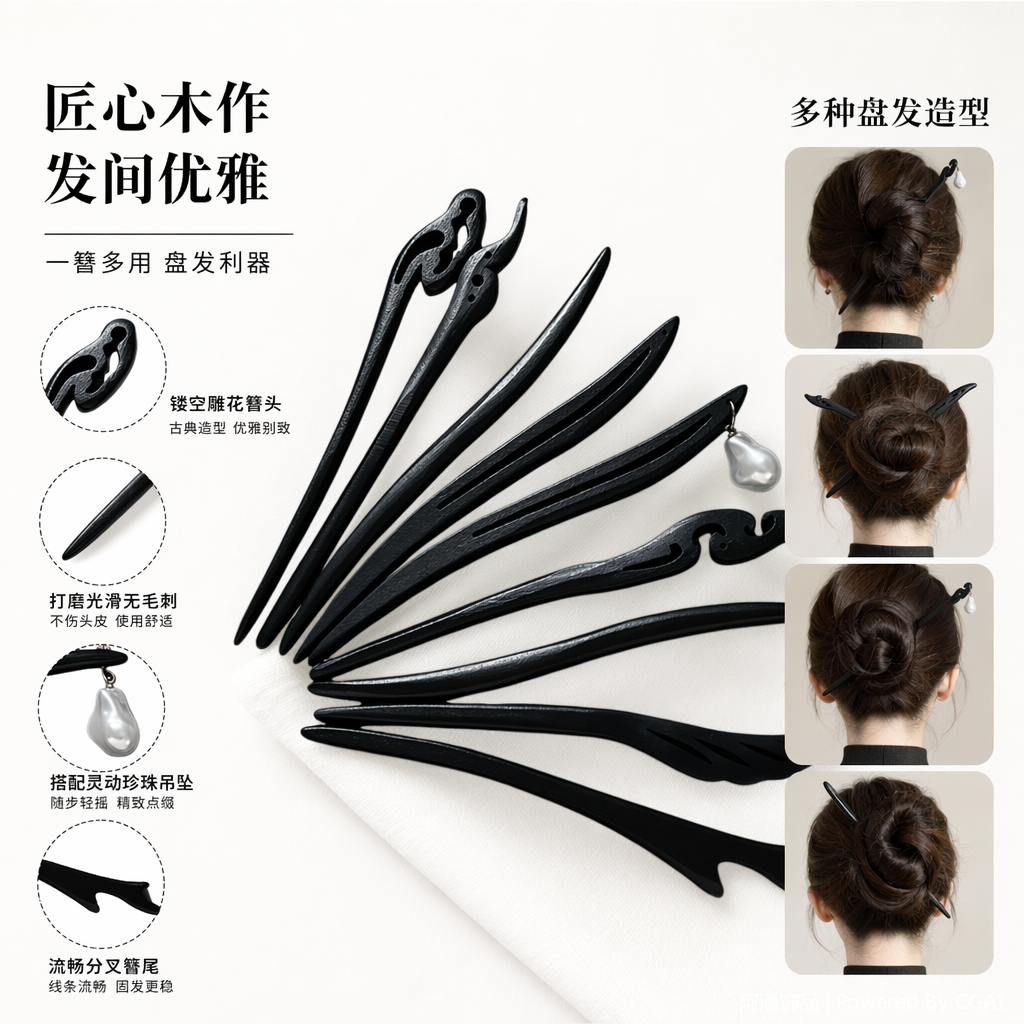 黑色木质珍珠吊坠绒花U型发簪 汉服配饰女夏简约
