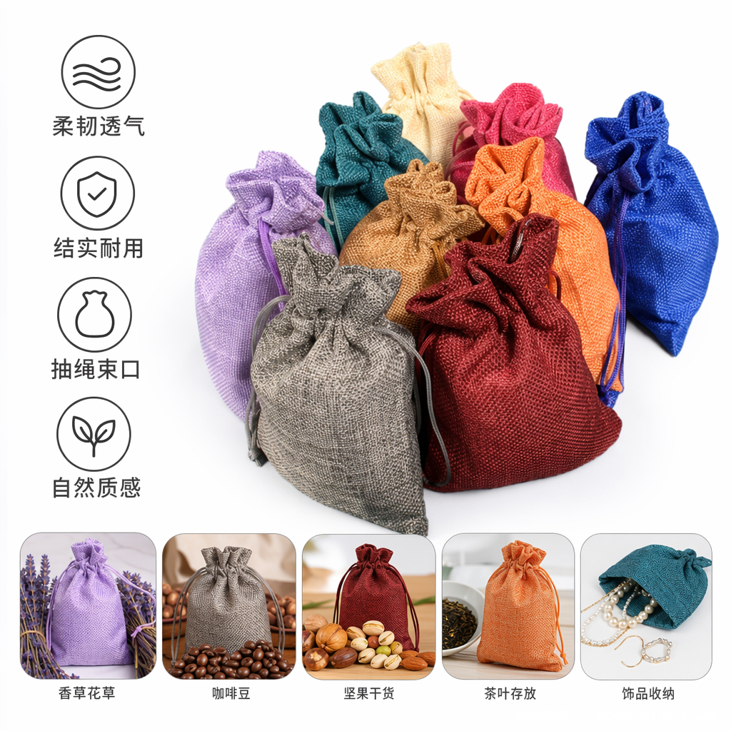 Colorful fabric small bags and other fabric packaging bags are available in multiple colors. Cotton and linen materials are hand-sewn full image
