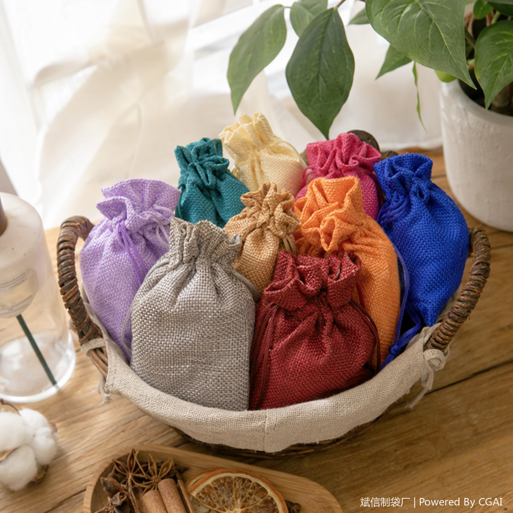 Colorful fabric small bags and other fabric packaging bags are available in multiple colors. Cotton and linen materials are hand-sewn details Picture
