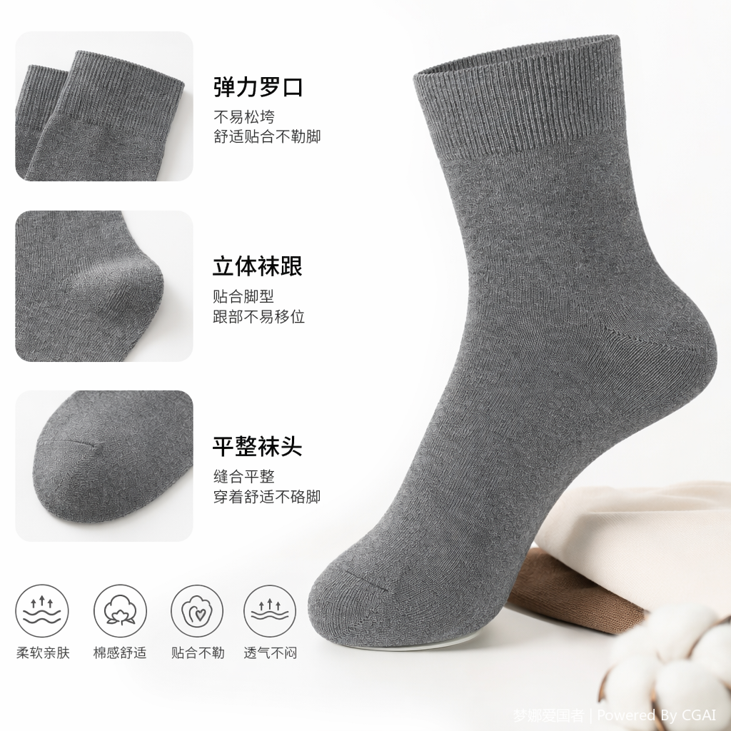浅灰色纯棉运动休闲袜男女通用长筒款透气吸汗