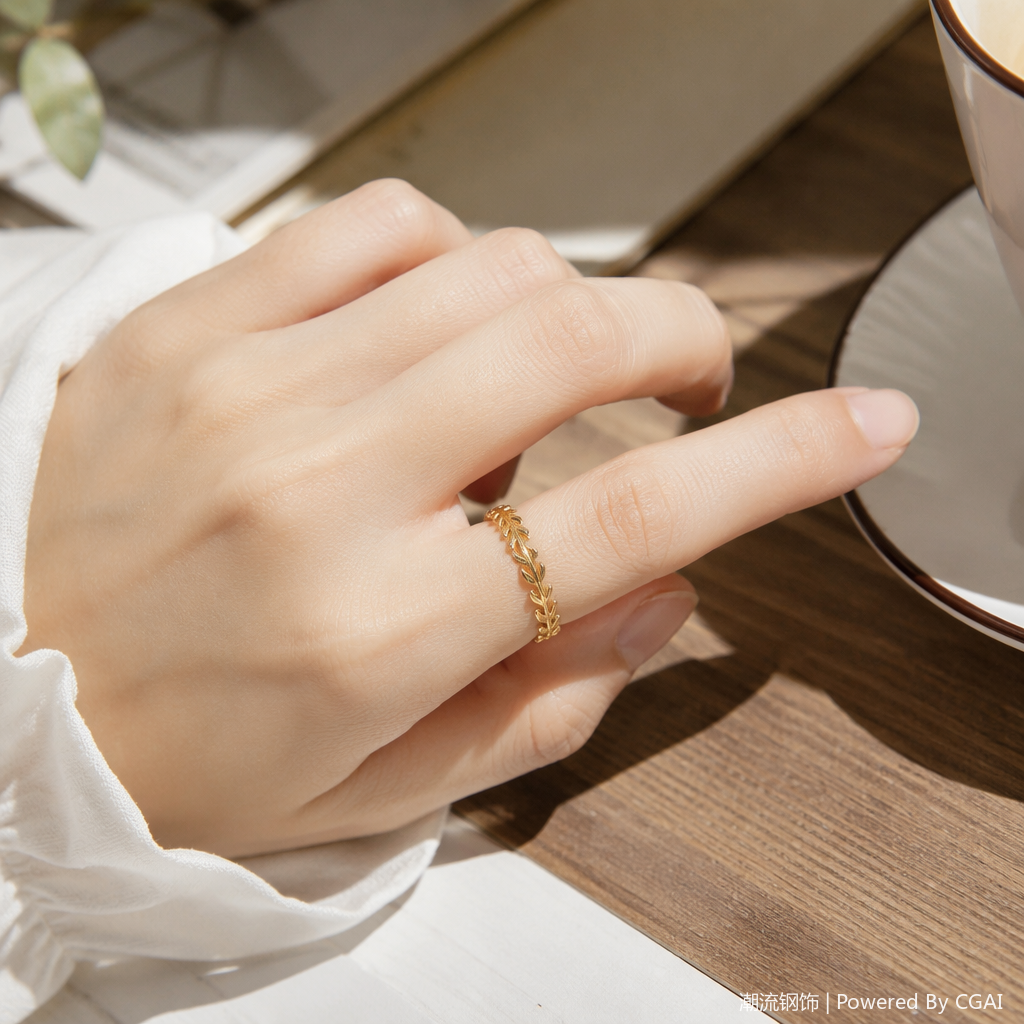 Stainless steel gold leaf-shaped women's ring, natural stone inlaid animal-shaped ring details Picture