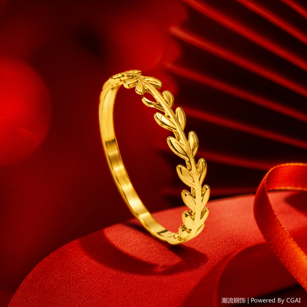 Stainless steel gold leaf-shaped women's ring, natural stone inlaid animal-shaped ring Specification image