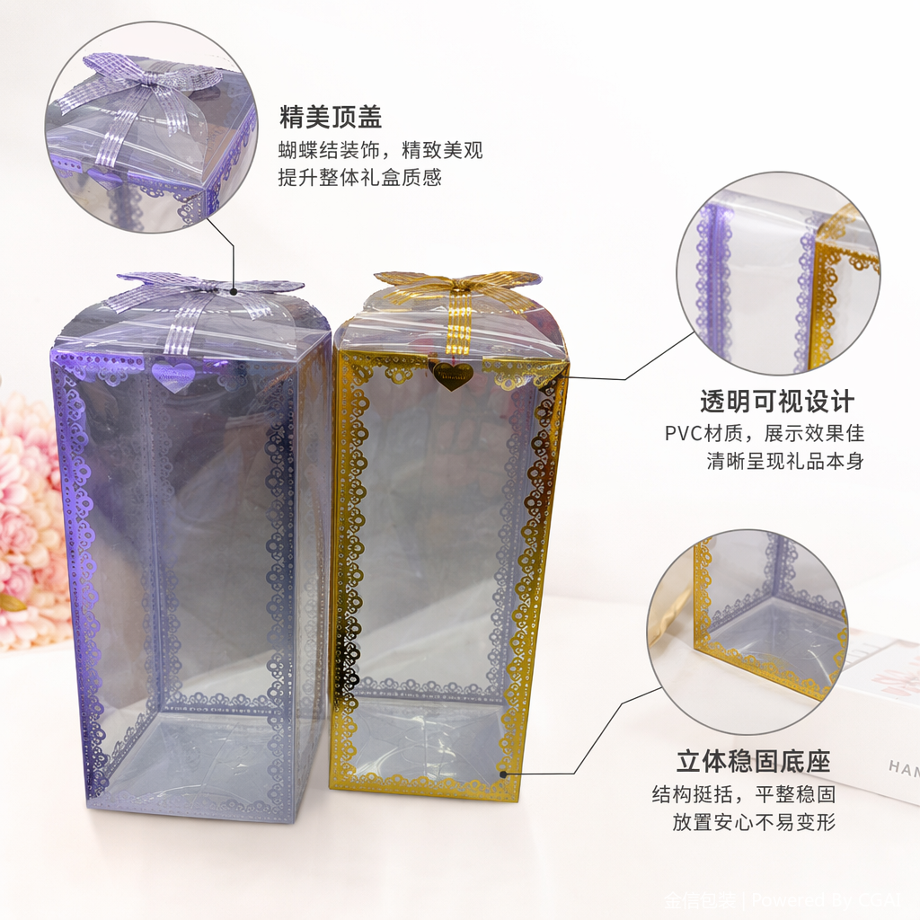 A transparent paper souvenir box with a silver border on the left and a gold border on the right, featuring a gift packaging pattern