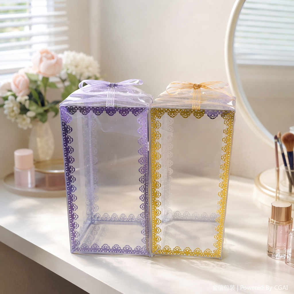 A transparent paper souvenir box with a silver border on the left and a gold border on the right, featuring a gift packaging pattern details Picture