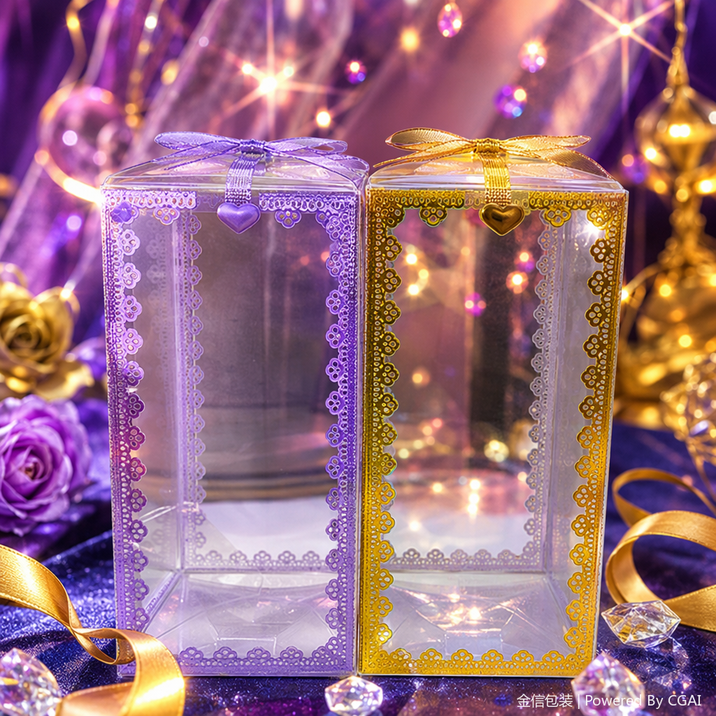 A transparent paper souvenir box with a silver border on the left and a gold border on the right, featuring a gift packaging pattern Specification image