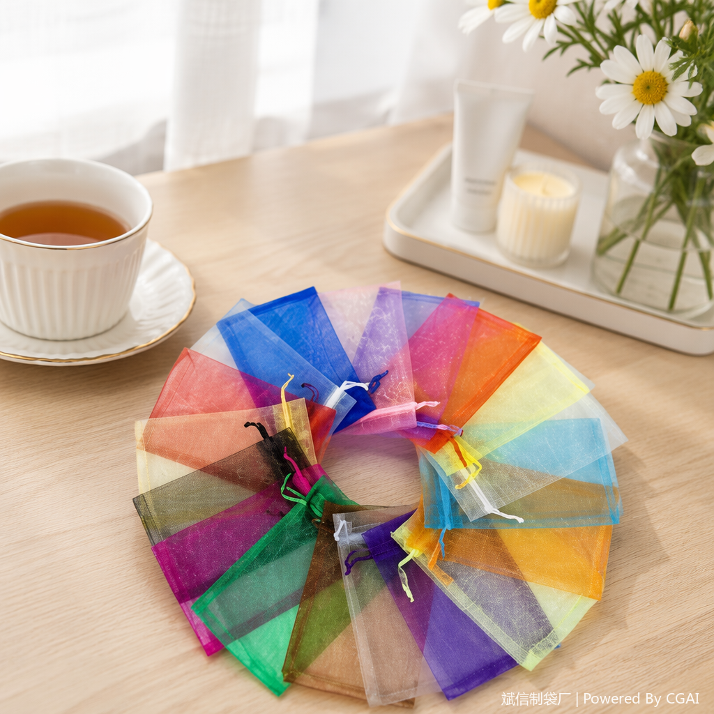 Shanshan Bag-making colorful organza drawstring bags, silk scarf packaging bags, gauze bags details Picture