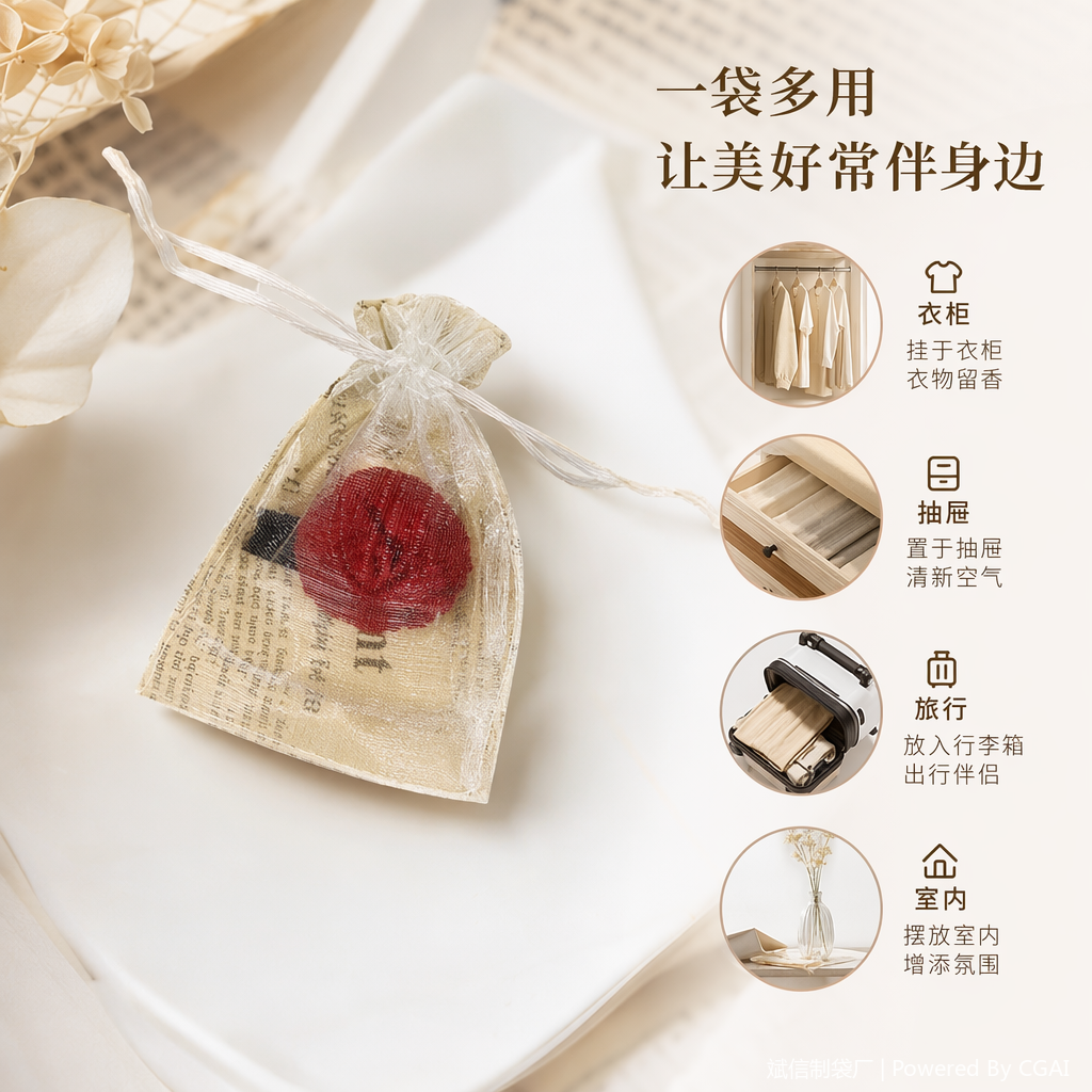 珊珊制袋透明欧根纱拉绳束口袋丝巾包装袋红色印章纱布袋