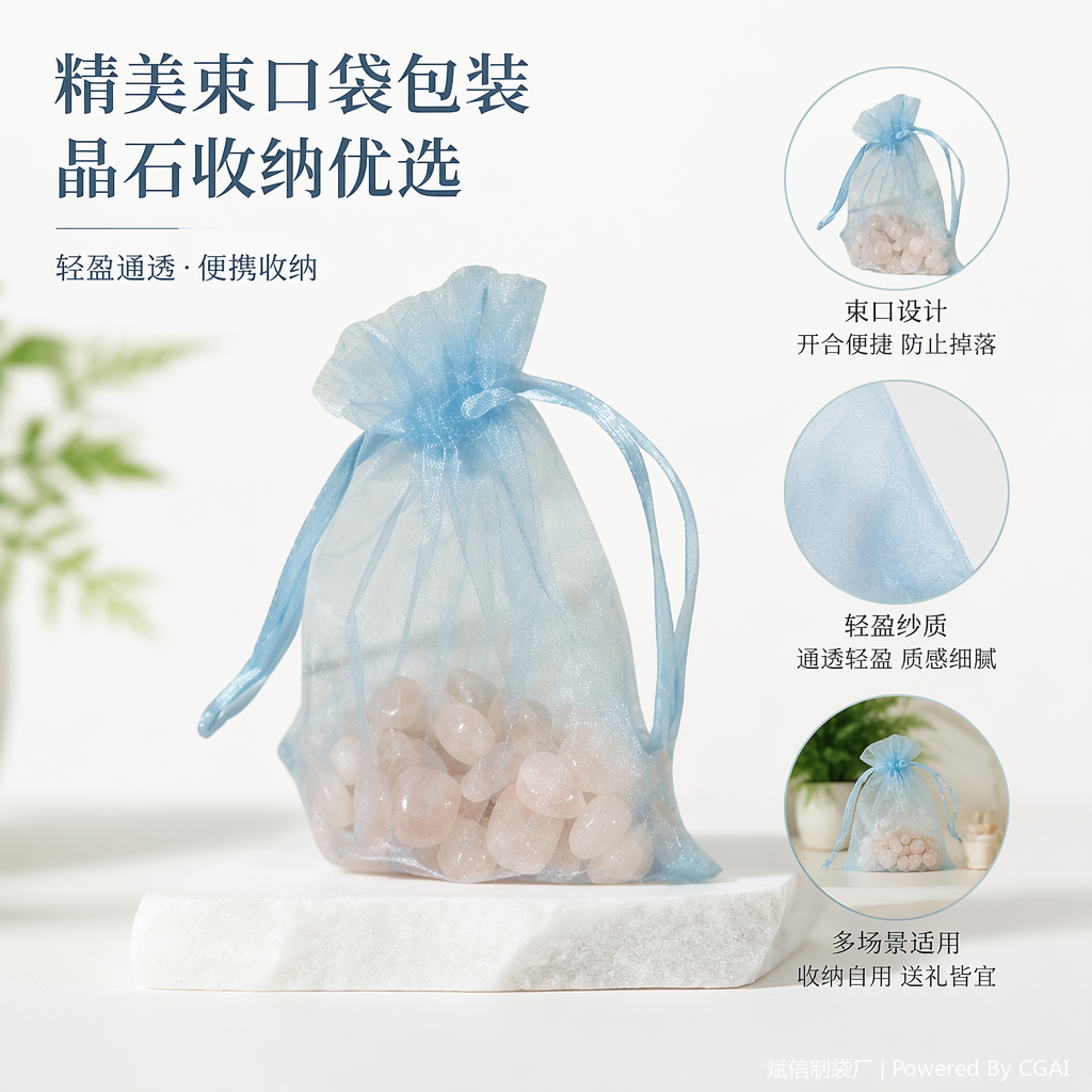 珊珊制袋浅蓝色欧根纱拉绳束口袋装粉晶石丝巾包装布袋