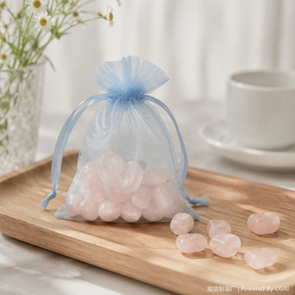 Shanshan Bag-making light blue organza drawstring drawstring bag for powder crystal silk scarf packaging cloth bag details Picture