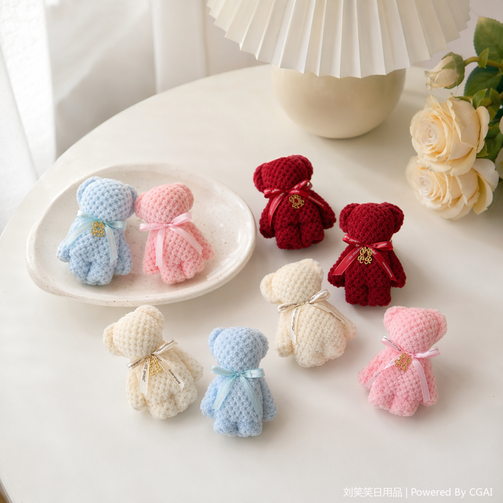 Colorful woolen crocheted bear dolls with fleece flower accessories and woolen crocheted flowers details Picture