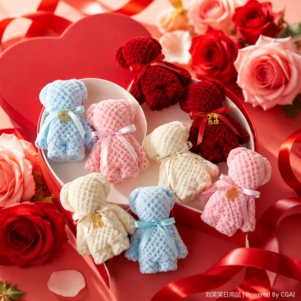 Colorful woolen crocheted bear dolls with fleece flower accessories and woolen crocheted flowers Specification image