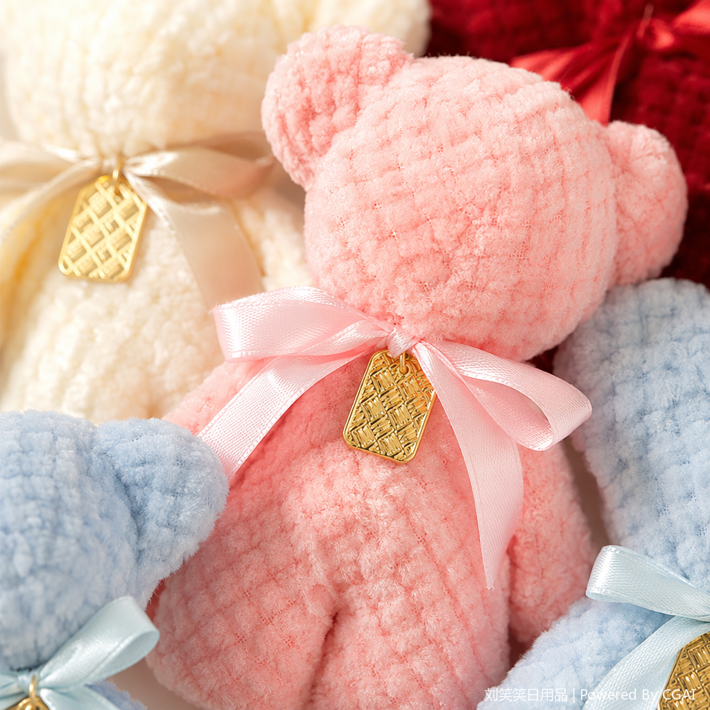 Colorful woolen crocheted bear dolls with fleece flower accessories and woolen crocheted flowers Application Scenario