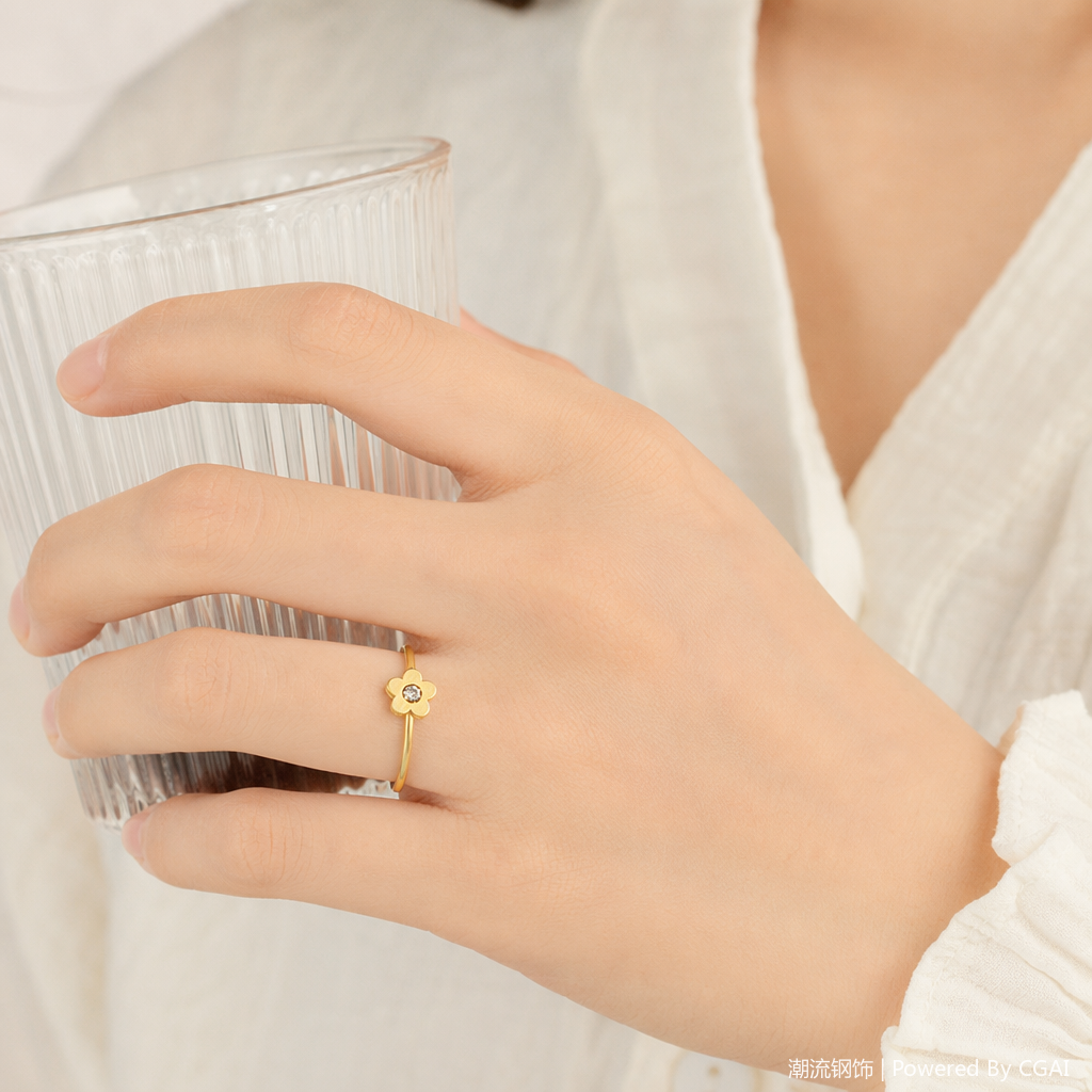 金色花朵不锈钢女戒天然石动物戒指 details Picture
