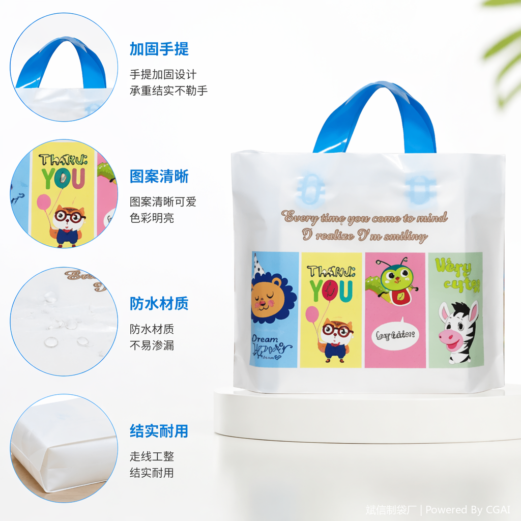 White cartoon "Thank YOU" gift bag with blue handle running light, festival wrapping paper, hand-held takeout bag full image