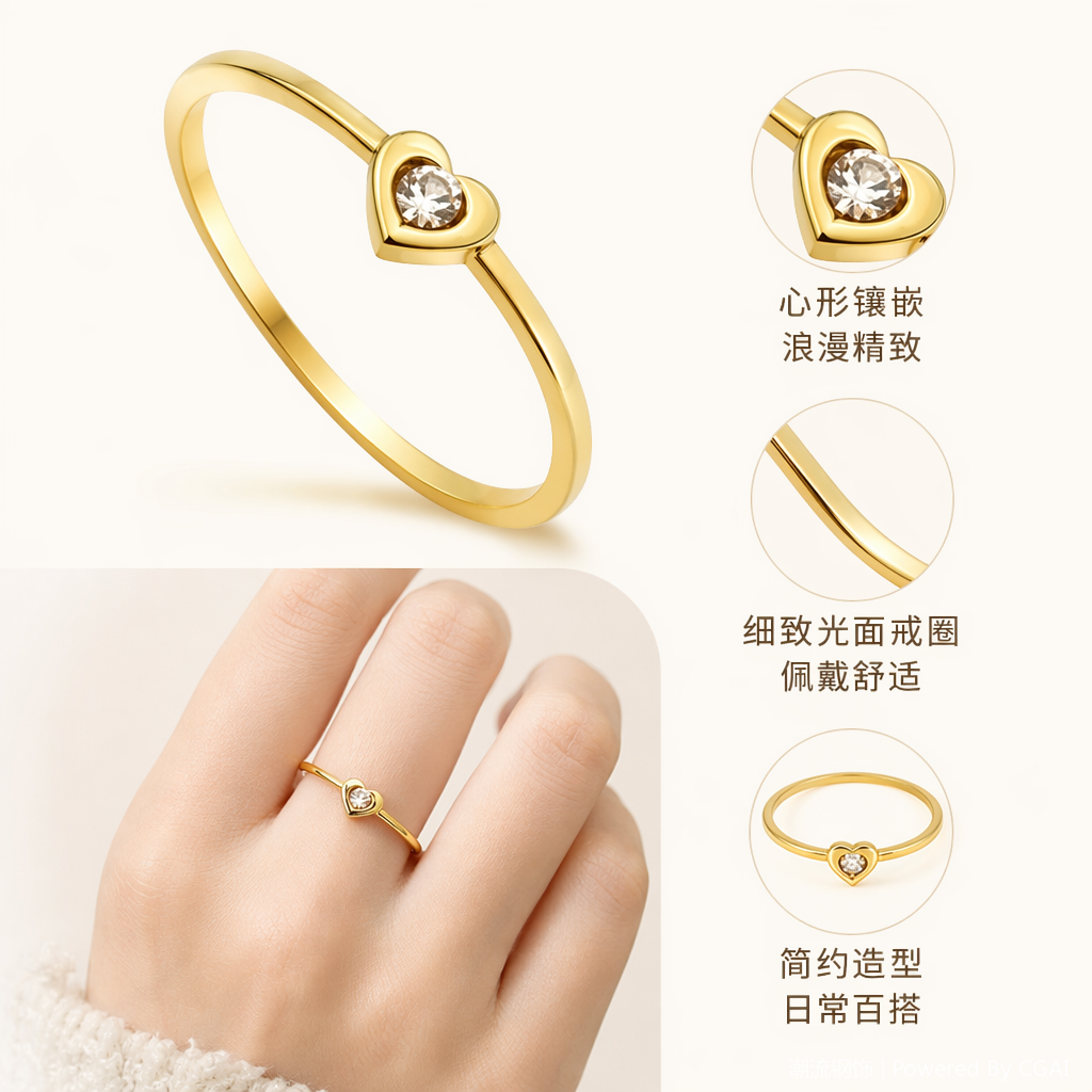 金色心形不锈钢女戒天然石动物戒指