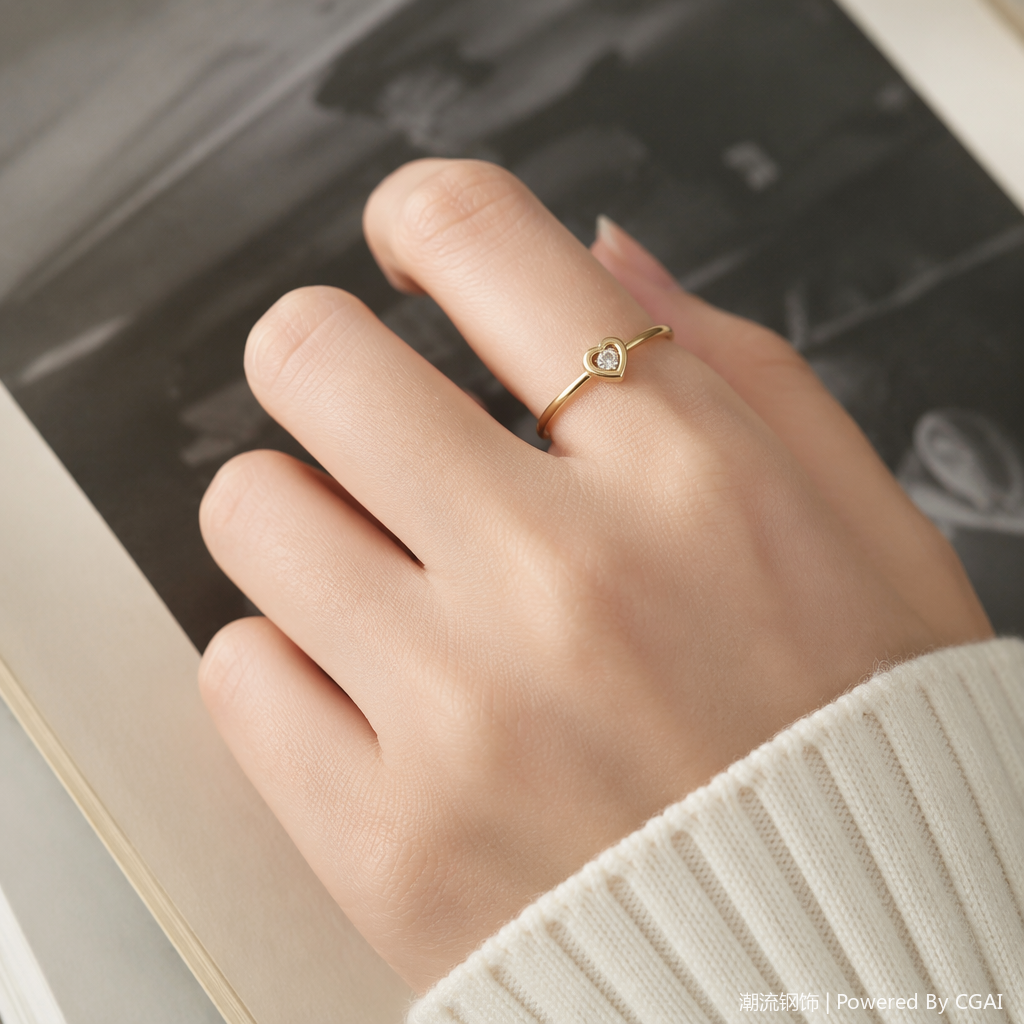 Golden heart-shaped stainless steel women's ring, natural stone animal ring details Picture