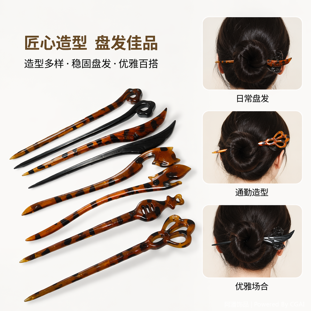 玳瑁色黑色绒花U型发簪女汉服配饰夏天简约