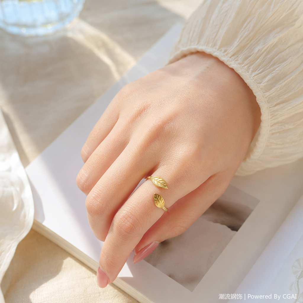 Golden leaf-shaped stainless steel women's ring, natural stone animal ring details Picture