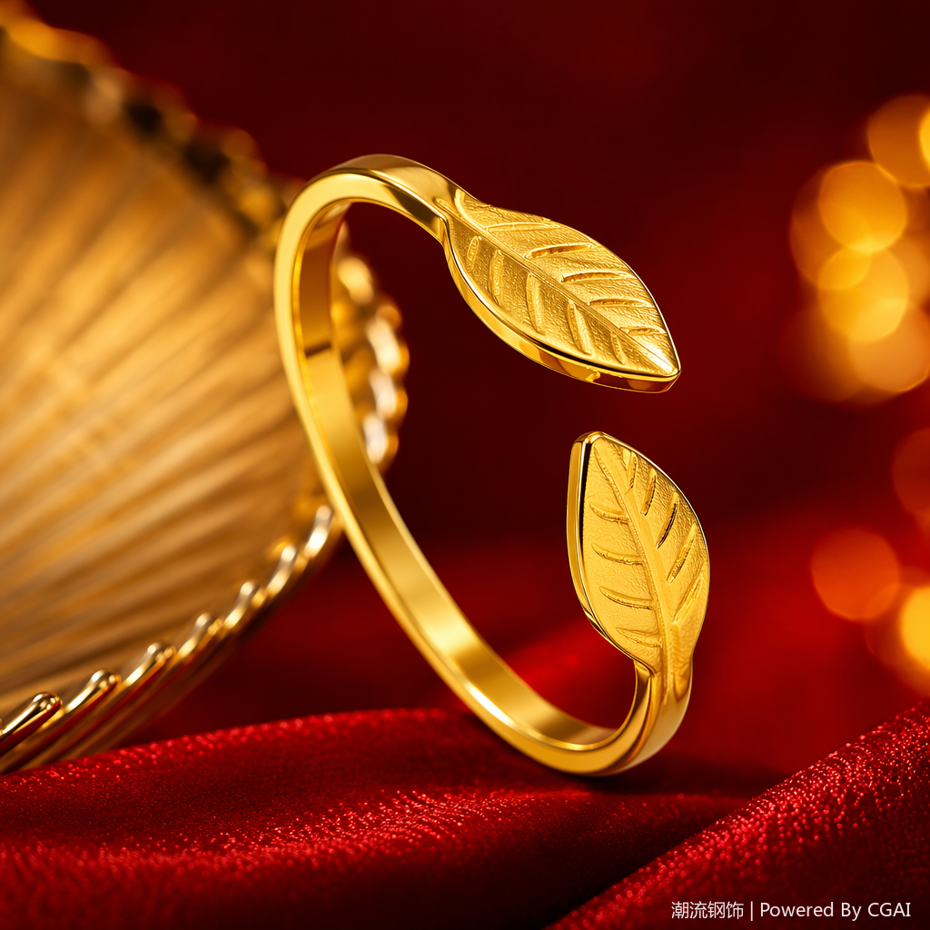 Golden leaf-shaped stainless steel women's ring, natural stone animal ring Specification image