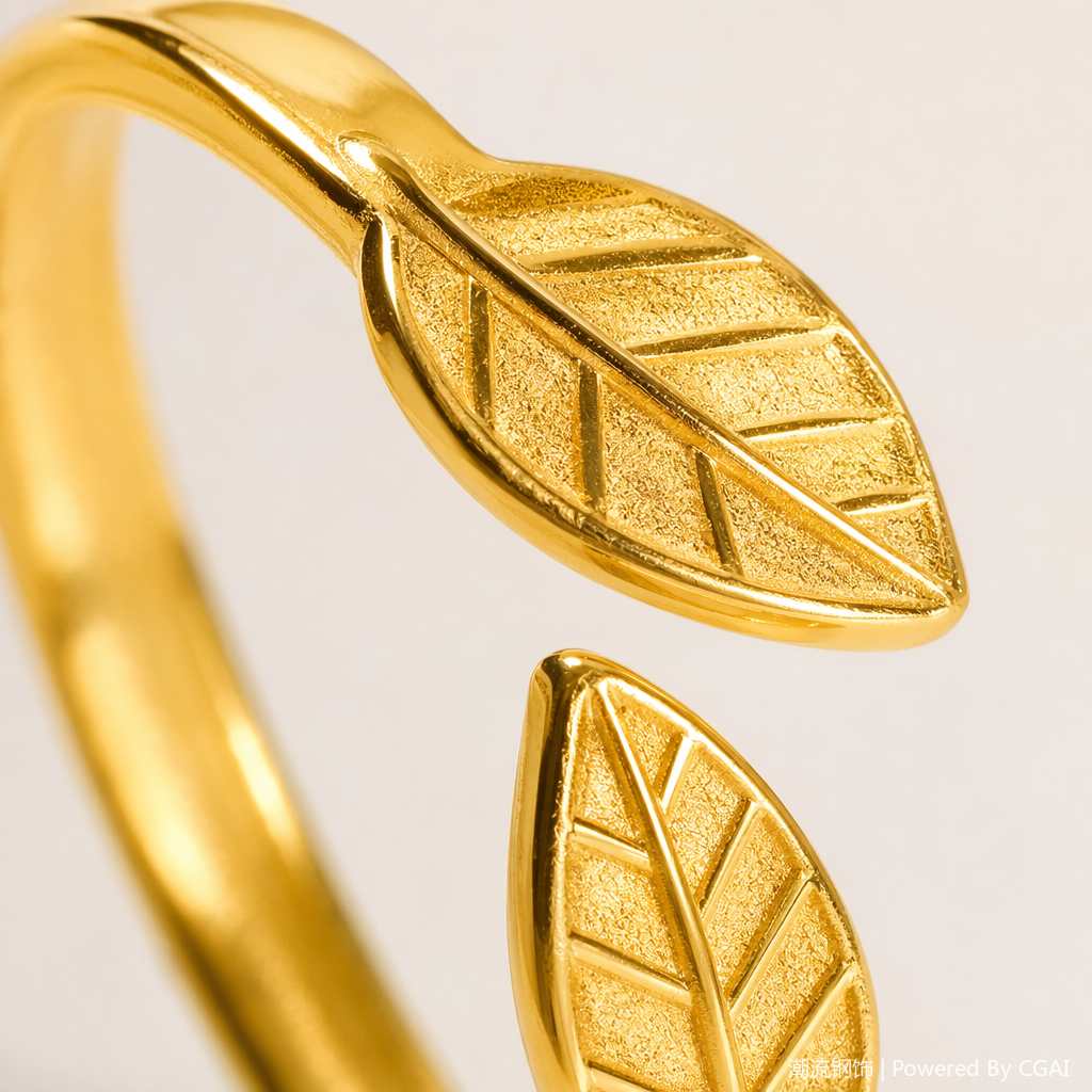 Golden leaf-shaped stainless steel women's ring, natural stone animal ring Application Scenario