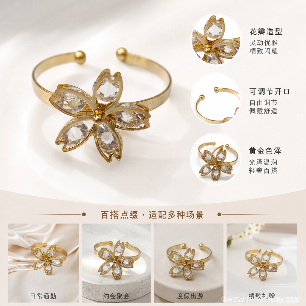 金色花朵造型沙金白铜镀银锌合金蛇形手镯