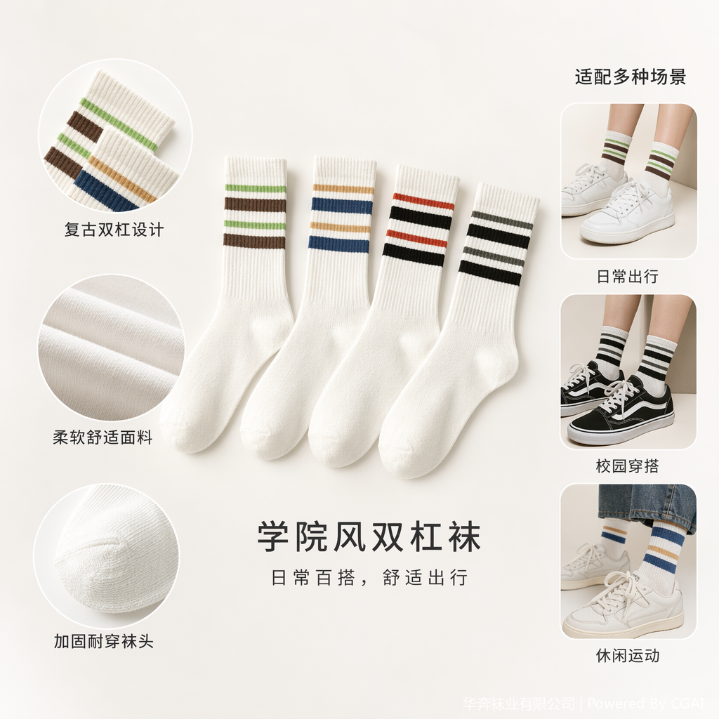 运动休闲棉袜 白色条纹男女长款潮流袜子 一次性男袜